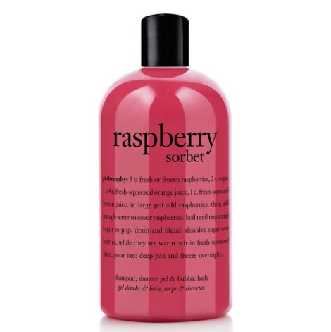 **พร้อมส่ง**Philosophy Raspberry Sorbet Shampoo, Shower Gel & Bubble Bath 480 ml. เจลอาบน้ำประสิทธิภาพ 3 ประการในหนึ่งเดียว สามารถใช้ทำความสะอาดเส้นผมเหมือนแชมพู ใช้เป็นเจลอาบน้ำ และสำหรับทำฟองเพื่อแช่น้ำในอ่างอาบน้ำ ช่วยให้ผิวและเส้นผมรู้สึกนุ่มลื่น 