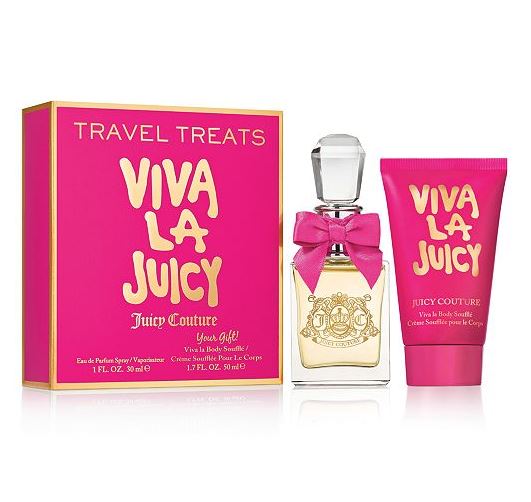 JUICY COUTURE Viva la Juicy Travel Treats Duo Set เซ็ทน้ำหอมพร้อมโลชั่นบำรุงผิว กลิ่น Viva la Juicy ได้รับแรงบันดาลใจจากสุภาพสตรีที่โดดเด่นกว่าใครในงานปาร์ตี้ ผสมผสานกลิ่นของเบอร์รี่ป่าแสนหอมชวนน่ากิน เข้ากับกลิ่นวานิลลา และกลิ่นดอกมะลิอันโดดเ