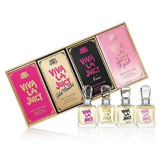 JUICY COUTURE Perfume Viva la Juicy Mini Gift Set เซ็ทน้ำหอมคอลเลคชั่นกลิ่น Viva la Juicy 4 โทนกลิ่นขายดี ในขนาดพกพา 5 ml. ให้คุณได้สัมผัสกลิ่นหอมในหลากหลายอารมณ์หลากหลายสไตล์ แต่ยังคงความหอมหวานฉ่ำจากผลเบอร์รี่ป่า ส้มแมนดาริน ดอกไม้นานาชนิด แ
