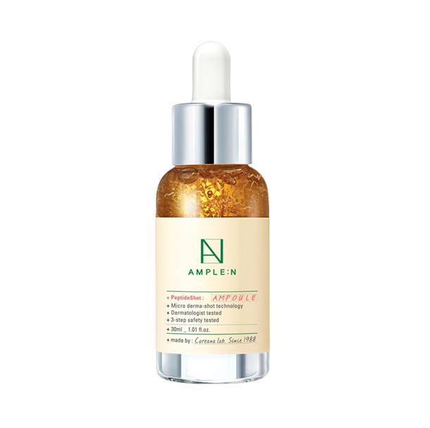 Coreana Ample :N Peptide Shot Ampoule 30 ml. เซรั่มสูตรเปปไทด์ ช่วยฟื้นฟูผิวให้กลับมาแข็งแรง สุขภาพดี ผิวอิ่มน้ำ นุ่มฟูขึ้น และช่วยลดริ้วรอยให้ผิวดูอ่อนเยาว์และใสเด้งเหมือนผิวเด็กอยู่เสมอ เหมาะสำหรับผู้ที่มีปัญหารูขุมขนกว้าง ตัวนี้เป็นเซรั่มที