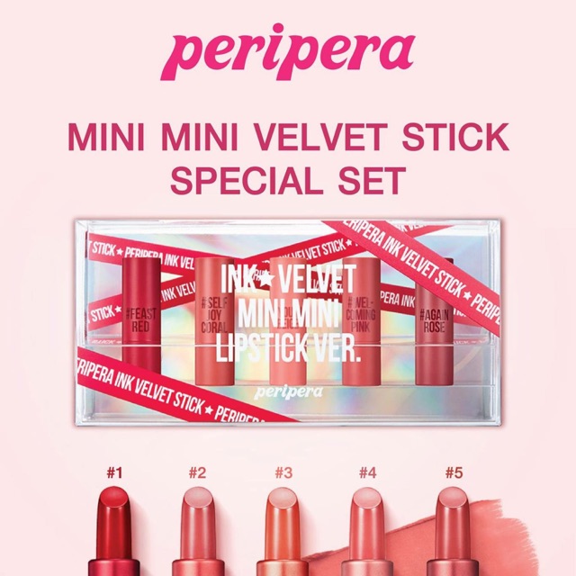 **พร้อมส่ง**Peripera Ink Velvet Mini Mini Lipstick Ver เซตลิปสติกสุดปัง 5 เฉดสีเขย่าใจ เนื้อสัมผัสเรียบเนียนกริบราวกำมะหยี่ นุ่มลื่น ทาง่าย ไม่ตกร่อง ไม่ทำให้ริมฝีปากแห้งแตกและเป็นขุย ไล่เฉดสีตั้งแต่โทนชมพูอ่อนถึงแดงเจิดจ้า เหมาะกับทุกเฉดสีผิว