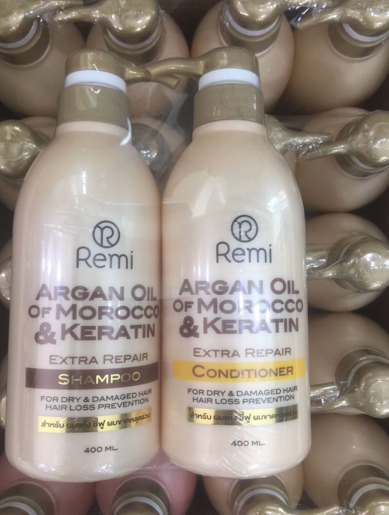 Remi Argan oil of Morocco & Ketatin ในชุดประกอบด้วย แชมพู 400 ml + ครีมนวด 400 ml  ช่วยลดการขาดหลุดร่วงของเส้นผม ฟื้นฟูเส้นผม ที่แห้งเสีย แตกปลาย