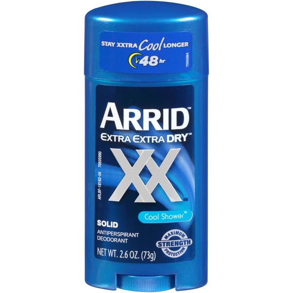 Arrid Extra Extra Dry Solid Antiperspirant Deodorant 73 g. สูตร Cool Shower ผลิตภัณฑ์ทารักแร้ สินค้านำเข้าจากอเมริกา สูตรกลิ่นหอมเย็นๆ ให้ความรู้สึกเย็นสบายผิว ผลิตภัณฑ์ระงับกลิ่นกายใต้วงแขนแบบแท่งสำหรับผู้ที่มีปัญหามีกลิ่นตัวและเหงื่อออกมากบริเ