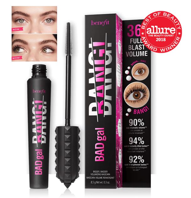 Benefit Badgal Bang Volumizing Mascara 8.5 g. มาสคาร่าเพื่อขนตาหนาสุดปัง กันน้ำ ไม่เป็นคราบ เนรมิตขนตาสวยหนาทรงพลังยาวนานถึง 36 ชั่วโมง และช่วยเพิ่มความหนาสุดๆโดยไม่รู้สึกหนักขนตา ท้าทายแรงดึงดูดของโลกด้วยส่วนผสมของ Aero-particles หนึ่งในส่วนป