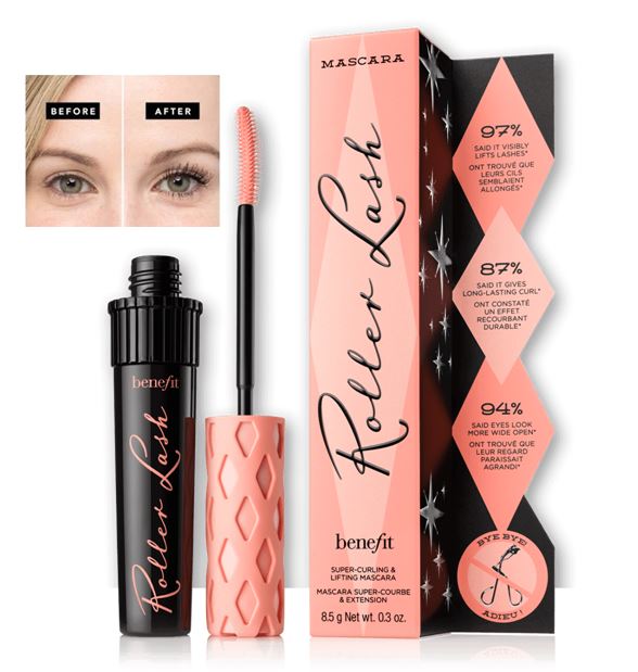 Benefit Roller Lash Curling & Lifting Mascara 8.5 g. มาสคาร่าสีดำสนิท กันน้ำ เพื่อขนตาสุดโค้งงอนเด้ง ด้วยหัวแปรงพิเศษที่ช่วยเกี่ยวขนตาให้ยกและงอนเด้งขึ้น มากับสูตรมาสคาร่าที่ช่วยรักษาขนตางอนงามแสนสวยไว้ได้นานถึง 12 ชั่วโมง มีส่วนผสมของโปรว