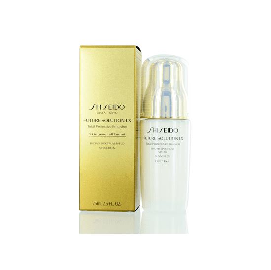 Shiseido Future Solution LX Total Protective Emulsion E Broad Spectrum SPF 20 Sunscreen 75 ml. อิมัลชั่นบำรุงผิวหน้าสำหรับทุกสภาพผิวฟื้นบำรุงและลดเลือนริ้วรอย ผิวกระชับ เรียบเนียนคืนความกระจ่างใสอ่อนเยาว์ พร้อมปกป้องผิวจากรังสี UVด้วย SPF20 PA