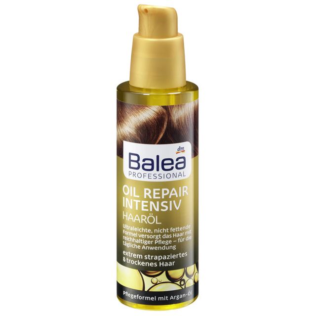 Balea Professional Hair Oil Repair Intensive 100 ml. เซรั่มบำรุงผมสูตรเข้มข้นเร่งด่วน เหมาะสำหรับสาวๆที่มีปัญหาผมเสียสะสม, ผมแห้งอย่างร้ายแรง, และผมแห้งแตกปลาย ด้วยส่วนผสมที่ช่วยเติมการบำรุงขั้นสุดอย่าง Argan Oil, Panthenol, Glycerin และ Wheat