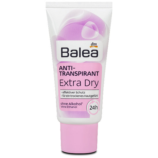 Balea Anti-Transpirant Extra Dry 50 ml. ครีมทาใต้วงแขนสูตรปกป้องยาวนาน 24 ชม. สูตรแห้ง เบาสบายและไม่เหนอะหนะ ช่วยระงับเหงื่อ สาเหตุของการเกิดกลิ่นตัว ช่วยบำรุงผิวใต้วงแขนให้เรียบเนียน ลดหนังไก่ ไม่มีส่วนผสมของแอลกอฮอล์ มีกลิ่นหอมอ่อนๆของดอกไม้