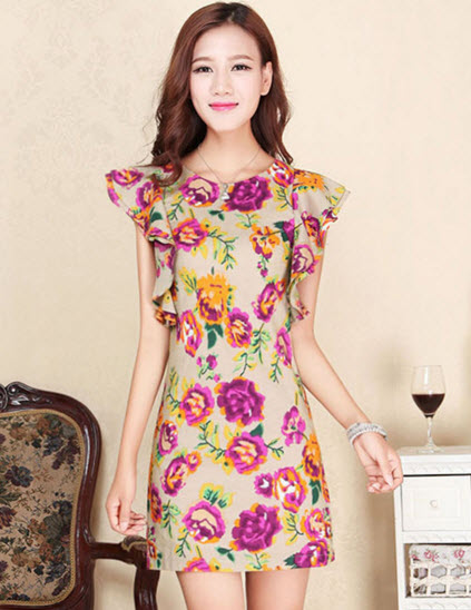 พร้อมส่ง เดรสลายดอก เดรสสั้นเกาหลี คอกลม ซิปหลัง ทรงเข้ารูป สี ชมพู