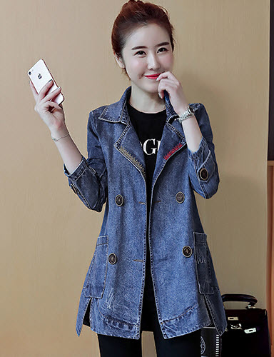 พรีออเดอร์ เสื้อโค้ทกันหนาว แขนยาว เสื้อยีนส์สไตลสูทสวย ๆ โค้ทเกาหลี ผ้าไม่แข็ง ตัวยาว สี ยีนส์เข้ม ตามภาพ