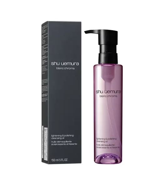 Shu Uemura Blanc Chroma Lightening & Polishing Cleansing Oil 150 ml. ขวดสีม่วง ออยล์เช็คเครื่องสำอาง สูตรใหม่ล่าสุด เพื่อผิวกระจ่างใส สูตรใหม่นี้เสริมพลังด้วยชาร์โคล หรือถ่านไม้ญี่ปุ่น ที่ช่วยดูดจับสิ่งสกปรกขนาดจิ๋ว, บิลเบอร์ ช่วยผลัดเซลล์ผิวชั้นนอกที