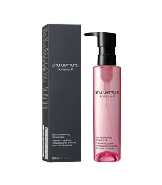 Shu Uemura POREfinist Sakura Refreshing Cleansing Oil 150 ml. ขวดสีชมพู ออยล์เช็คเครื่องสำอาง ช่วยล้างเมคอัพสูตรติดทนนานออกอย่างง่ายดายและรวดเร็ว ด้วยโมเลกุลน้ำมันที่เล็กที่สุด ซึ่งช่วยให้ซึมซาบไวและล้างออกง่าย ช่วยให้ผิวแลดูปราศจากรูขุมขน พร้อมคืนความสดช