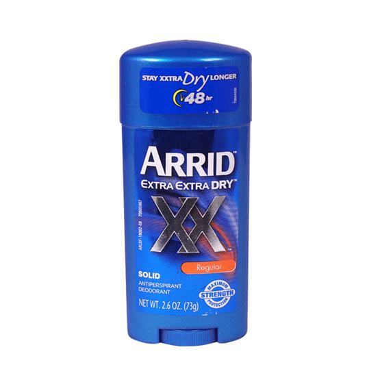 Arrid Extra Extra Dry Antiperspirant Deodorant Solid 73 g. สูตร Regular ผลิตภัณฑ์ทารักแร้ สินค้านำเข้าจากอเมริกา ผลิตภัณฑ์ระงับกลิ่นกายใต้วงแขนแบบแท่ง สำหรับผู้ที่มีปัญหามีกลิ่นตัวและเหงื่อออกมากบริเวณใต้วงแขน ลดการเกิดเหงื่อ และความเปียกชื้นใต้