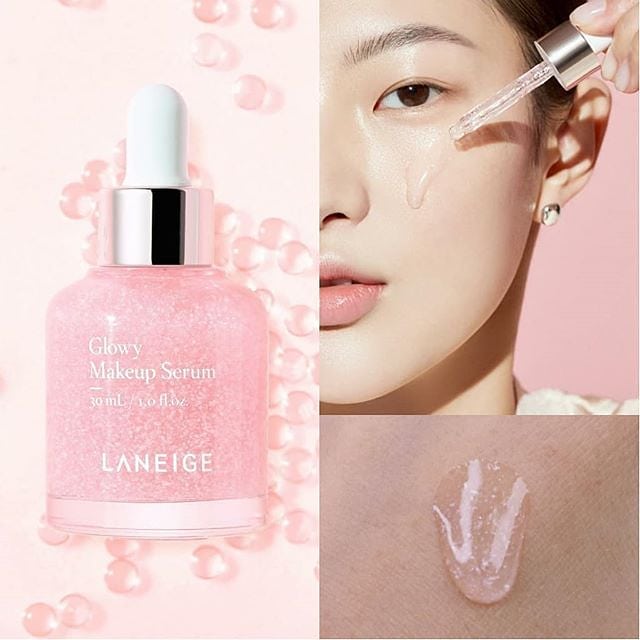 LANEIGE Glowy Makeup Serum 30 ml. เบสเซรั่มตัวใหม่ล่าสุด เนื้อวิ้งๆ บางๆ ใสๆ สีชมพูอ่อนๆ ดูแลผิวด้วยการเติมน้ำให้ผิว ให้ผิวมีผิวโกลวสวย ในแบบที่ไม่ให้ความมัน ผิวดูเรียบเนียน รูขุมขนแลดูกระชับ ผสม Pink Diamond ช่วยให้ผิวดูกระจ่างใส แป้งติดทน เห