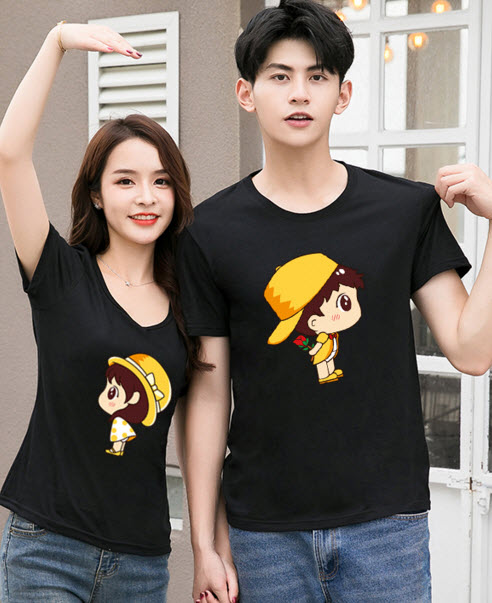 พรีออเดอร์ เสื้อคู่รักแฟชั่น เสื้อยืดสวย ๆ พิมพ์ลายการ์ตูนด้านหน้า สี ดำ แดง เหลือง ฟ้า ขาว ชมพูอ่อน