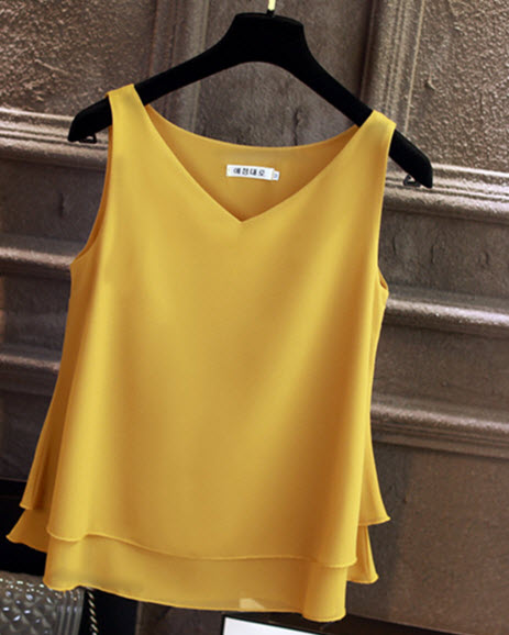 พรีออเดอร์ เสื้อแฟชั่นสวย ๆ คอวี ผ้าชีฟองสบาย ชีฟองแขนกุด แต่งซับด้านใน สีพื้น สีสด มีดำ ม่วง เหลือง ชมพู ขาว แดง ฟ้า เทา เขียวเข้ม เขียวอ่อน โอรส