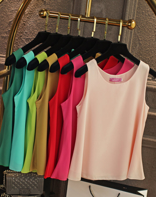 พรีออเดอร์ เสื้อแฟชั่นสวย ๆ ชีฟองแขนกุด ใส่สบาย สีพื้น สีสด มี ชมพูอ่อน บานเย็น แดงสด เขียวเข้ม เขียวอ่อน โอรส ดำ ขาว เขียว ฟ้า เทา