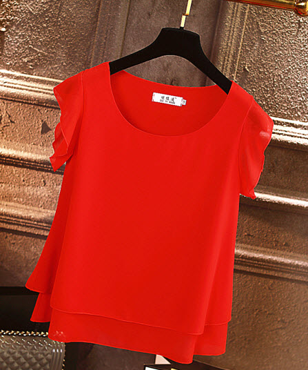 พรีออเดอร์ เสื้อแฟชั่นสวย ๆ ผ้าช่ีฟอง แขนสั้น คอกลม มีซับใน สี แดงสด ชมพูกะปิ ขาว ดำ ม่วง ฟ้า เขียว