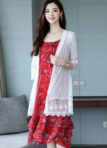 พรีออเดอร์ เดรสยาว สายเดี่ยวลายดอกแฟชั่น สวย ๆ สไตลเกาหลี ได้พร้อมกับเสื้อคลุมสีขาว มีสี เหลือง และแดงสด