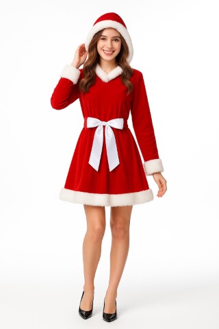 ++พร้อมส่ง++ชุดซานต้าแซนตี้ผูกเอวมีฮูท ชุดนี้น่ารักมาก