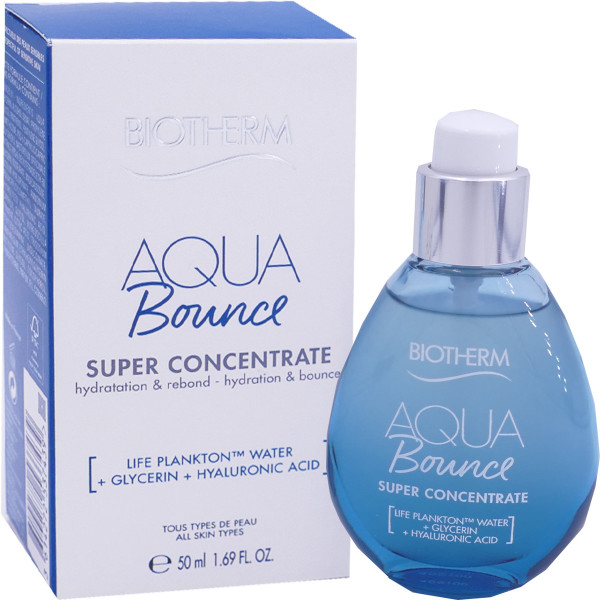 BIOTHERM Aqua Bounce Super Concentrate 50 ml. ครีมเติมน้ำให้ผิว จากไบโอเธิร์ม อุดมด้วยโซเดียม ไฮยาลูโรเนต ผสาน Life Plankton water และกลีเซอริน (glycerin) ธรรมชาติ ช่วยฟื้นบำรุงผิวแห้งกร้านให้กลับมาดูเด้ง เนียนนุ่ม และอิ่มน้ำ