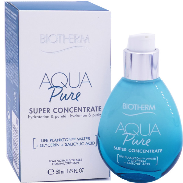 BIOTHERM Aqua Pure Super Concentrate 50 ml. ครีมบำรุงผิวหน้าสำหรับคนผิวหน้ามัน ช่วยควบคุมความมัน อันเป็นสาเหตุของการเกิดสิว ด้วยส่วนผสมของซาลิไซลิก แอซิด อ่อนโยนต่อผิว เนื้อครีมบางเบา ไม่มันวาว