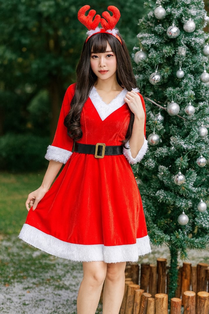 ++พร้อมส่ง++ชุดซานต้าแซนตี้แสนสวยกระโปรงยาวมีเขากวางเรนเดียร์สีแดง