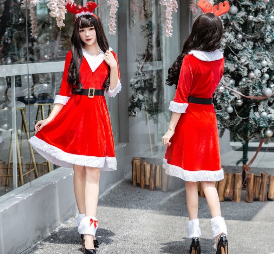 ++พร้อมส่ง++ชุดซานต้าแซนตี้แสนสวยกระโปรงยาวมีเขากวางเรนเดียร์สีแดง