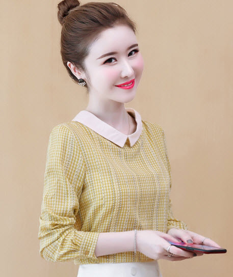 พรีออเดอร์ เสื้อเชิ้ต คอปก แขนยาว แต่งกระดุมหลังสุดเก๋ คอตตอน สี เหลือง ดำ แดง