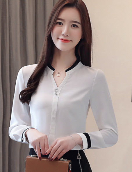 พรีออเดอร์ เสื้อเชิ้ต คอจีน แขนยาว แต่งกระดุมหน้า สลับสองสี ขาว  และกรม ใส่ทำงานได้