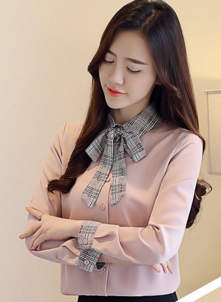 พรีออเดอร์ เสื้อเชิ้ต คอปก แขนยาว มีโบว์ด้านหน้า ใส่ทำงานได้ สี ชมพูหวาน