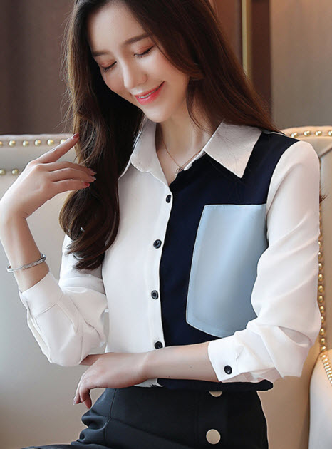 พรีออเดอร์ เสื้อเชิ้ต คอปก แขนยาว แต่งกระเป๋าหน้า สี ขาวฟ้า สไตลเกาหลี