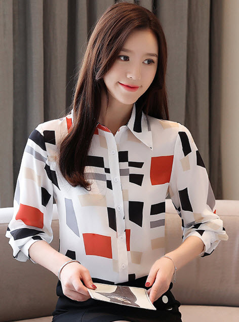 พรีออเดอร์ เสื้อเชิ้ต คอปก แขนยาว ลายกราฟฟิก ชุดทำงานสไตลเกาหลีสวย ๆ สีขาว