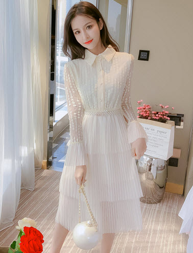 พรีออเดอร์ เดรสคอปก เดรสราตรีออกงาน ใส่ไปงานแต่งได้ หรือใส่ทำบุญได้ สี ขาวครีม 