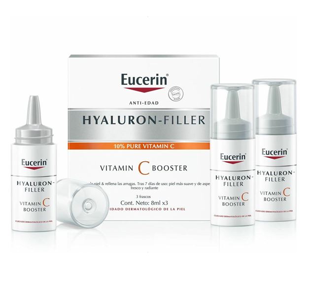 Eucerin Hyaluron-Filler Vitamin C Booster 3x8ml. เซรั่มไฮยาลูรอนเข้มข้นสูง ผสาน วิตามินซี 10% บูทผิวกระจ่างใส การต่อต้านริ้วรอยอันทรงพลัง ช่วยลดริ้วรอยแห่งวัย ต่อต้านการเกิดริ้วรอยใหม่ ค่อยๆทำให้ฝ้า กระ จุดด่างดำจางลงอย่างเห็นได้ชัด ผิวตึง เรี