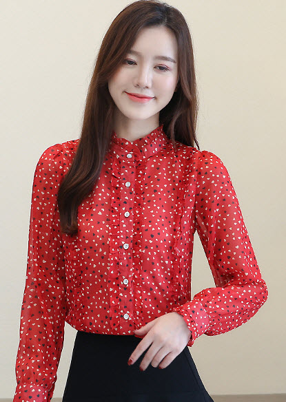 พรีออเดอร์ เสื้อแฟชั่น แขนยาว คอจีน เสื้อลายดอก ชีฟองสวย ๆ ใส่ทำงานได้ สี ขาว และแดง