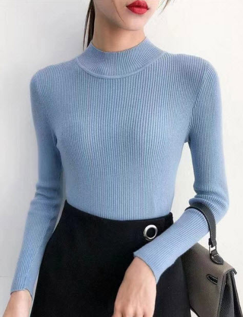 พรีออเดอร์ เสื้อแฟชั่น แขนยาว คอกลม คอปีน คอสูง ยืดหยุ่นได้ดี ผ้าไหมพรมเนื้อน่ิม สี  ฟ้า ขาว ดำ เหลือง แดง น้ำตาล ครีม เขียว