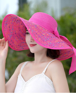 พร้อมส่ง หมวกแฟชั่น ใส่ไปทะเล หมวกสาน แบบบาน ลายดอกไม้ ใส่กันแดด สี ชมพู