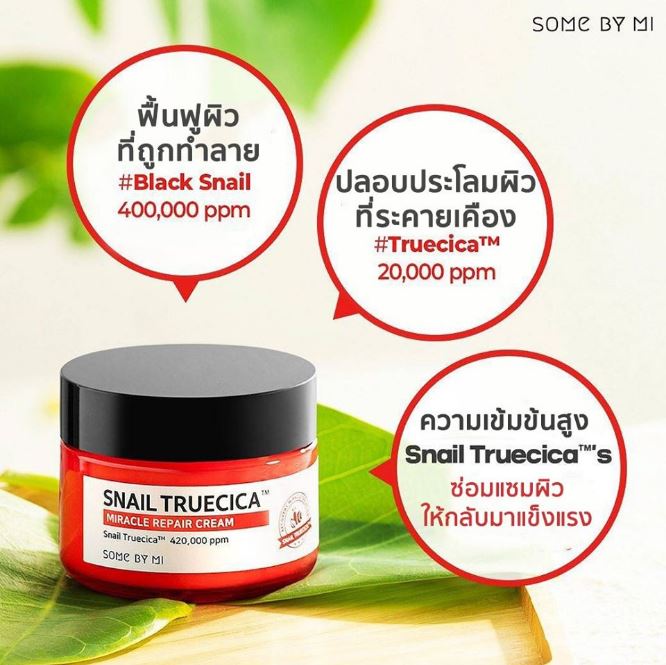 *พร้อมส่ง*Some By Mi Snail Truecica Miracle Repair Cream 60 g. ครีมที่อุดมไปด้วยสารสกัดจากเมือกหอยทากดำและส่วนผสมของ  Truecica กว่า 420,000 ppm  ช่วยเสริมสร้างเกราะป้องกันผิว ฟื้นฟูผิวที่บอบบางและแพ้ง่าย ให้ผิวแข็งแรงดูสุขภาพดี และเรียบเนียนกว่าที่เคย