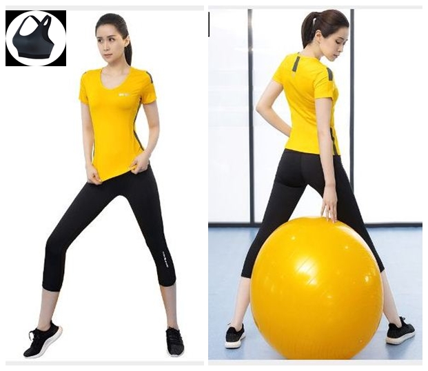 **พร้อมส่ง size M/L/XL  สีเหลือง ชุดออกกำลังกาย/โยคะ/ฟิตเนส เสื้อแขนสั้น+บรา+กางเกงขาส่วน