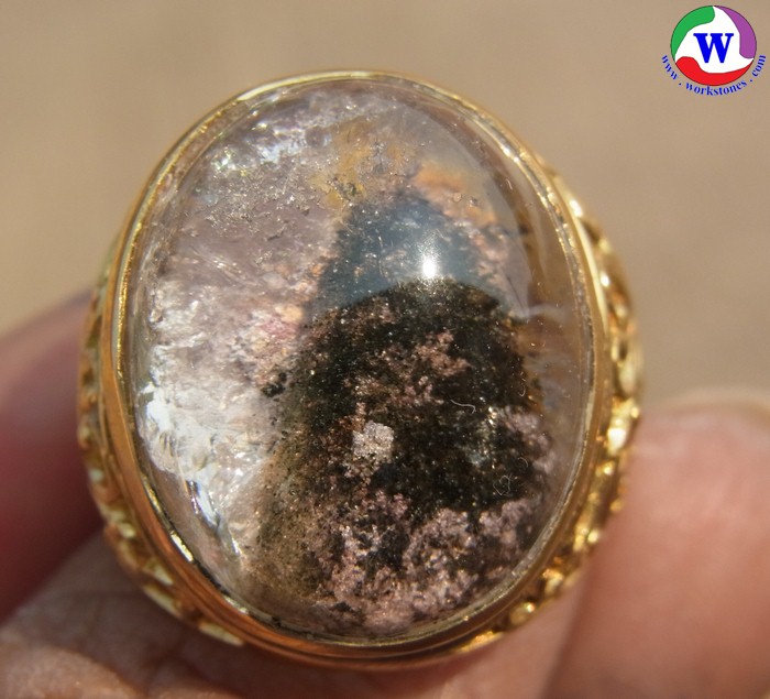 แหวนทองเหลืองชาย เบอร์ 63 แก้วโป่งข่ามนำโชค ชนิดแก้วปวกทรงภูเขา กาบรุ้งแผ่รัศมีรุ้งสวยมาก
