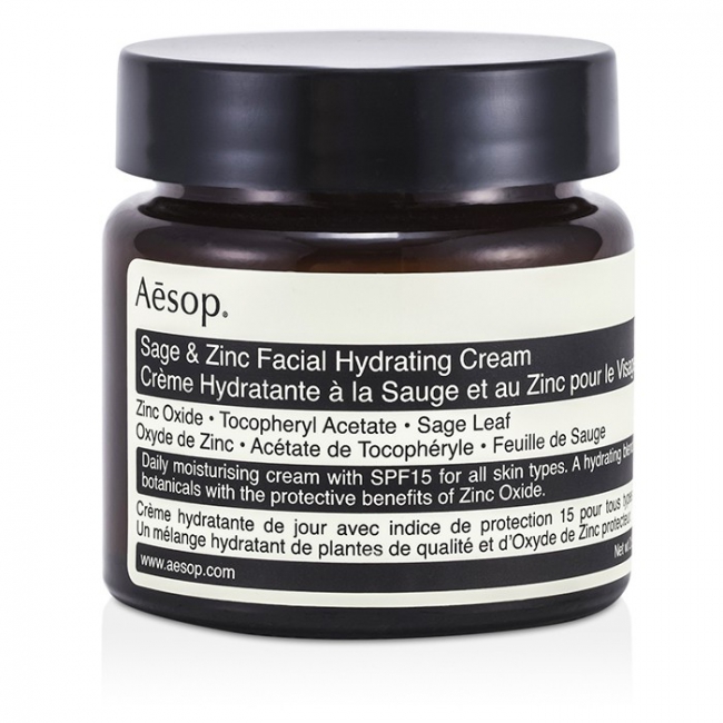 Aesop Sage & Zinc Facial Hydrating Cream SPF15 ขนาด 60 g. มอยส์เจอไรเซอร์ผสมสารป้องกันแสงแดด SPF 15 เหมาะสำหรับทุกสภาพผิว เนื้อผลิตภัณฑ์ ครีมเข้มข้นปานกลาง ให้ผิวรู้สึก บางเบา ชุ่มชื่น แข็งแรง หลังจากที่ค้นคว้าพัฒนามาถึง 10 ปี มอยส์เจอร์สู