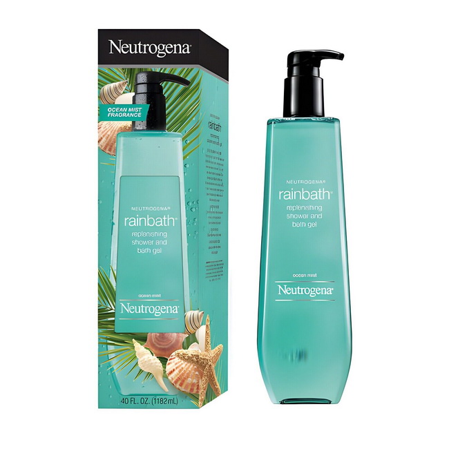 Neutrogena Rainbath Replenishing Shower and Bath Gel Ocean Mist 40 fl.oz (1182ml.) สีฟ้า เจลอาบน้ำนูโทรจีน่า เรนบาร์ธ เจลอาบน้ำกลิ่นหอมสดชื่นกลิ่นไอทะเล ทำความสะอาดผิวโดยไม่มีสิ่งตกค้าง ให้ผิวเนียนนุ่มชุ่มชื่น ไม่แห้งกร้าน สามารถทำความสะอาดได้