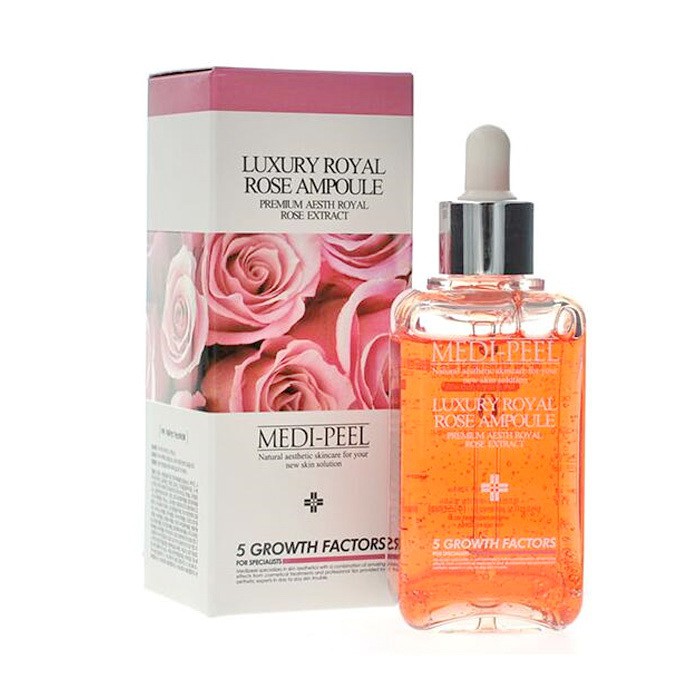 MEDI-PEEL Luxury Royal Rose Ampoule 100ml  เซรั่มกุหลาบผิวสวยกระจ่างใส สกัดปรับผิวสว่างกระจ่างใส ลดรอยดำรอยแดง  รูขุมขนกระชับ ฝ้า-กระ จางลง ผิวละเอียดเนียนนุ่มชุ่มชื้น ผิวดูฟูอิ่มน้ำ หอมละมุนกลิ่นกุหลาบ ปรนนิบัติผิวมอบความหอมผ่อนคลายในเวลานอนหลับ จากกุหลา