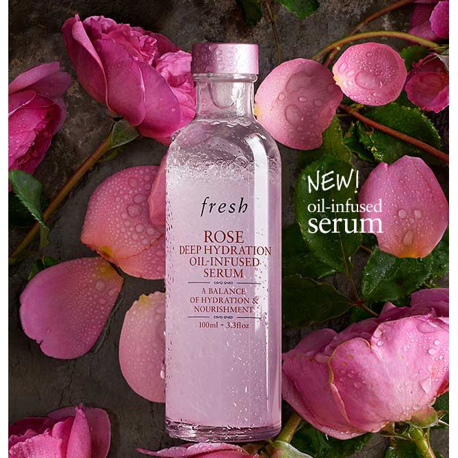 Fresh Rose Deep Hydration Oil-Infused Serum 100 ml. เซรั่ม oil-infused สูตรแรกของ Fresh ฟื้นบำรุงผิวพร้อมมอบความชุ่มชื้นล้ำลึกยาวนาน 24 ชั่วโมง เพื่อผิวที่ชุ่มชื้น เนียนนุ่ม อิ่มฟู และฉ่ำน้ำ