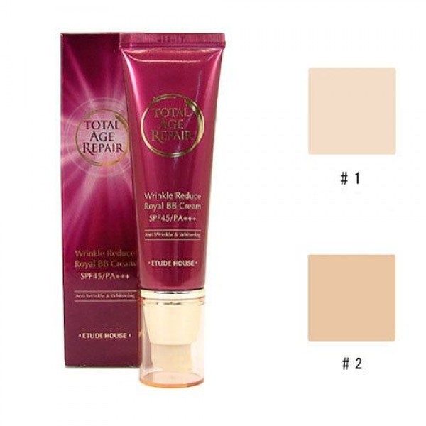 Etude House Total Age Repair Wrinkle Reduce Royal BB Cream SPF45/PA+++ 50g. ที่สุดของบีบีครีมจากอีทูดี้ ที่ช่วยปกปิด บำรุงผิวลดเลื่อนริ้วรอย และปกป้องผิวหน้าจากแสงแดด ให้ผิวเนียนเรียบไร้ที่ติ ด้วยสารสกัดจากดอกอิมอทัลและน้ำนมผึ้งช่วยให้ความชุ่ม