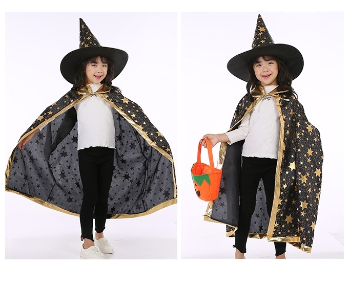 7C102 ชุดเด็ก ชุดฮาโลวีน ชุดแม่มด ผ้าคลุมและหมวก สีดำลายดาวทอง Black GoldStar The Witch Halloween