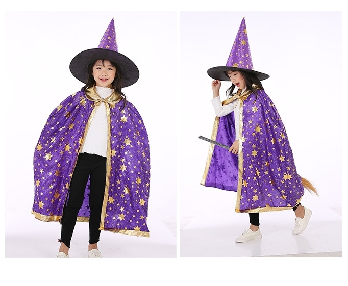 7C104 ชุดเด็ก ชุดฮาโลวีน ชุดแม่มด ผ้าคลุมและหมวก สีม่วงลายดาวทอง Purple GoldStar The Witch Halloween