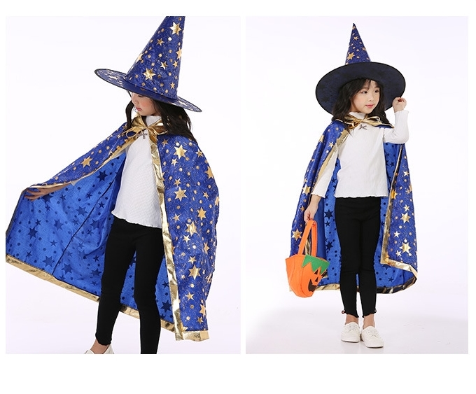 7C105 ชุดเด็ก ชุดฮาโลวีน ชุดแม่มด ผ้าคลุมและหมวก สีน้ำเงินลายดาวทอง Blue GoldStar The Witch Halloween