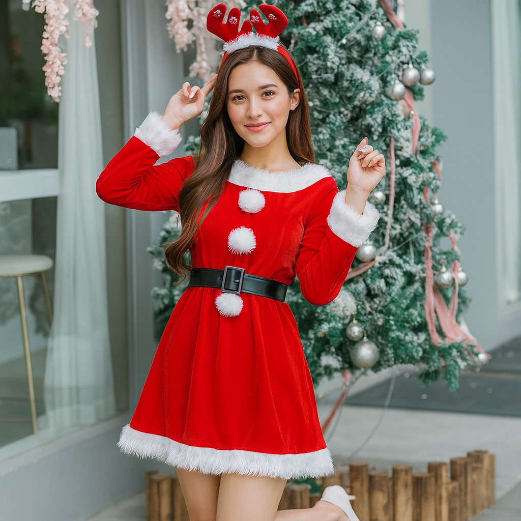 +พร้อมส่ง++ชุดซานต้าแซนตี้แขนยาว เรียบร้อย สวยน่ารัก 